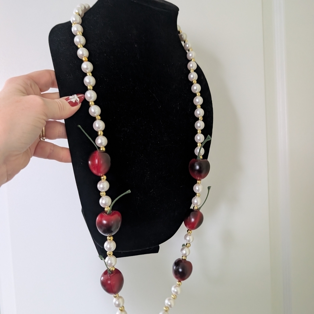 Faux Pearl and Red Cherry Bead Necklace - Picture 9 of 9